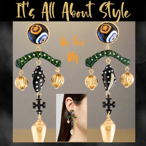 🆕 Tory Burch 18 Karrot Gold Plated Statement Bead and Shell Stud Drop Earrings